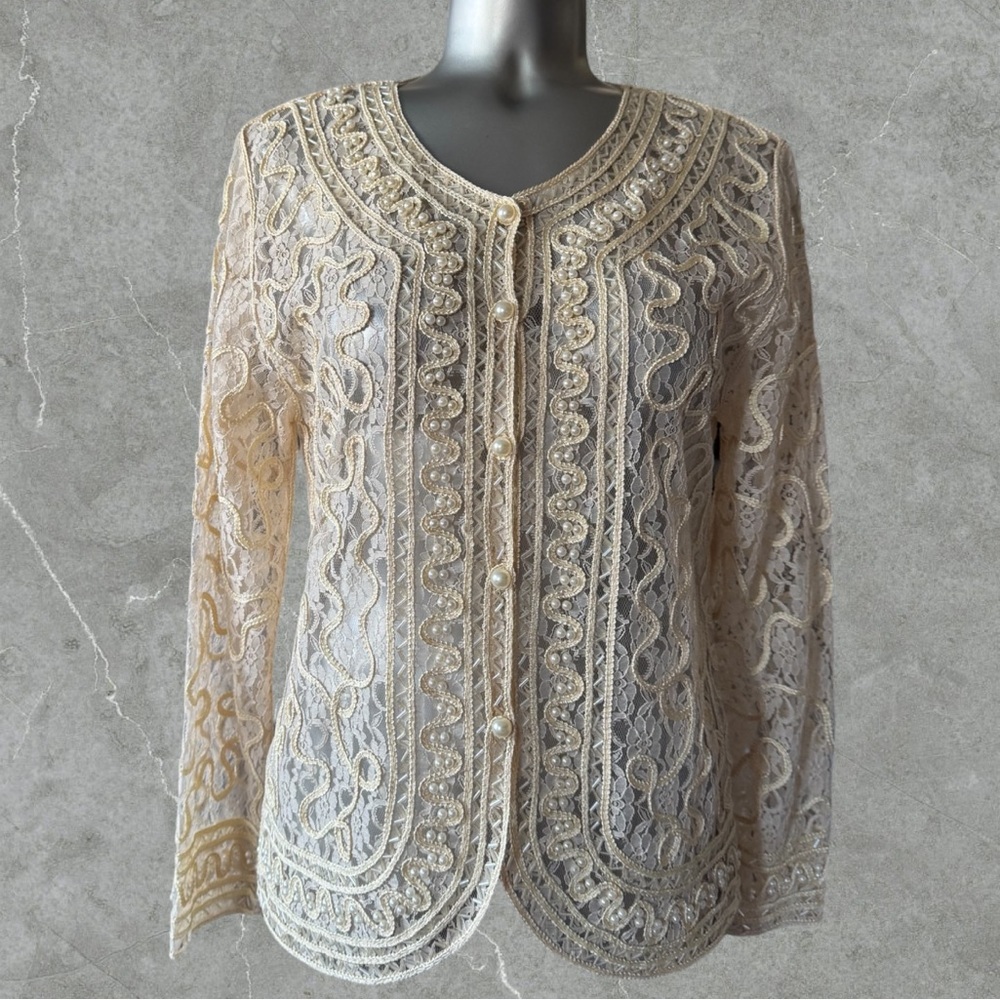 2 for $30 ✅ Ivory Embellished Lace Cardigan with Pearl Details - Picture 9 of 16